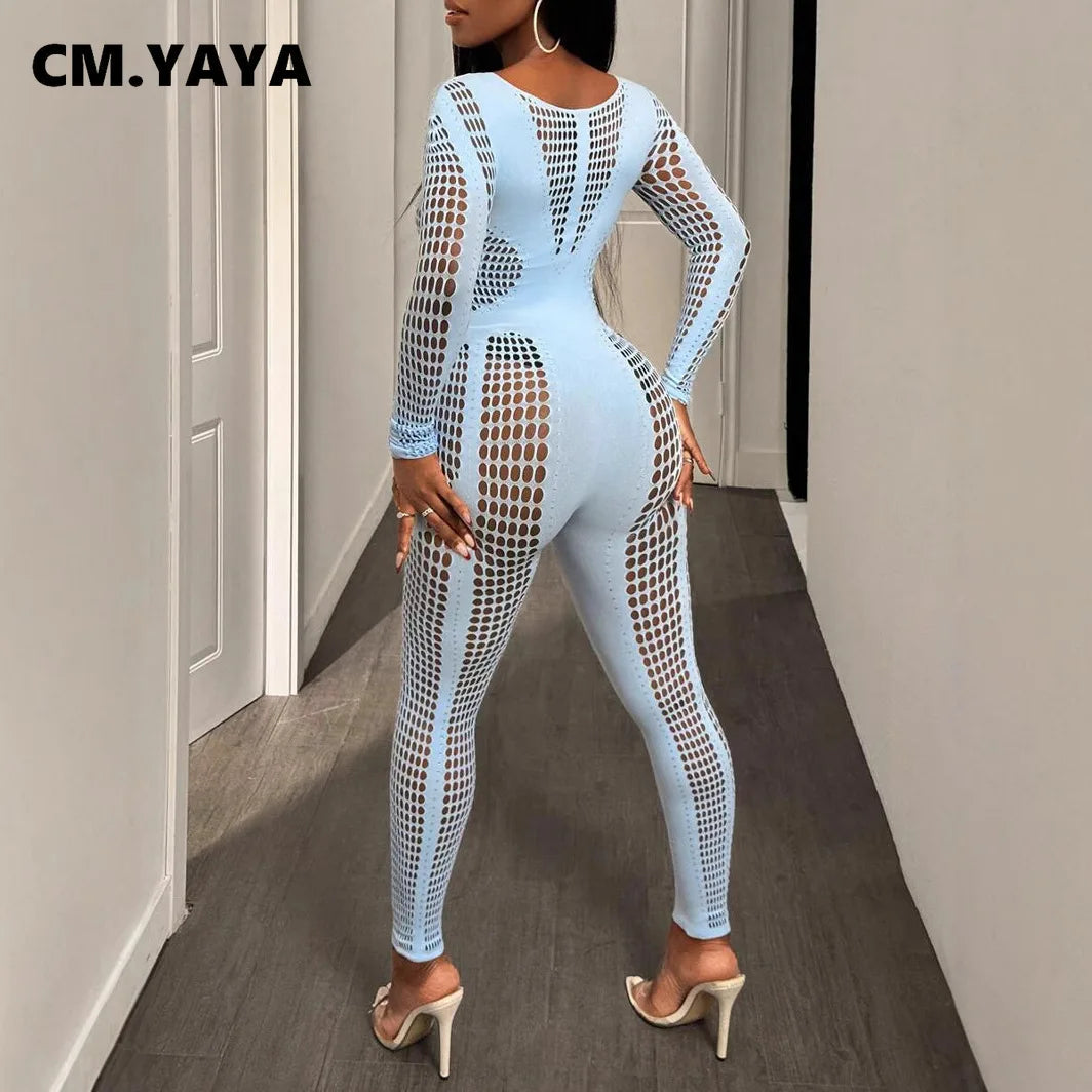 2025 O-neck Full Sleeve Women Mesh Hollow Out Jumpsuits Casual Night Club Sexystreet Sexy Perspective Outfits Rompers