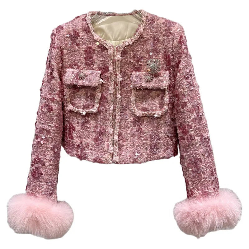 Winter New High-End Fox Fur Sleeve Sequin Tweed Cotton Lined Short Coat For Women Fashion Versatile Jacket 11A07501