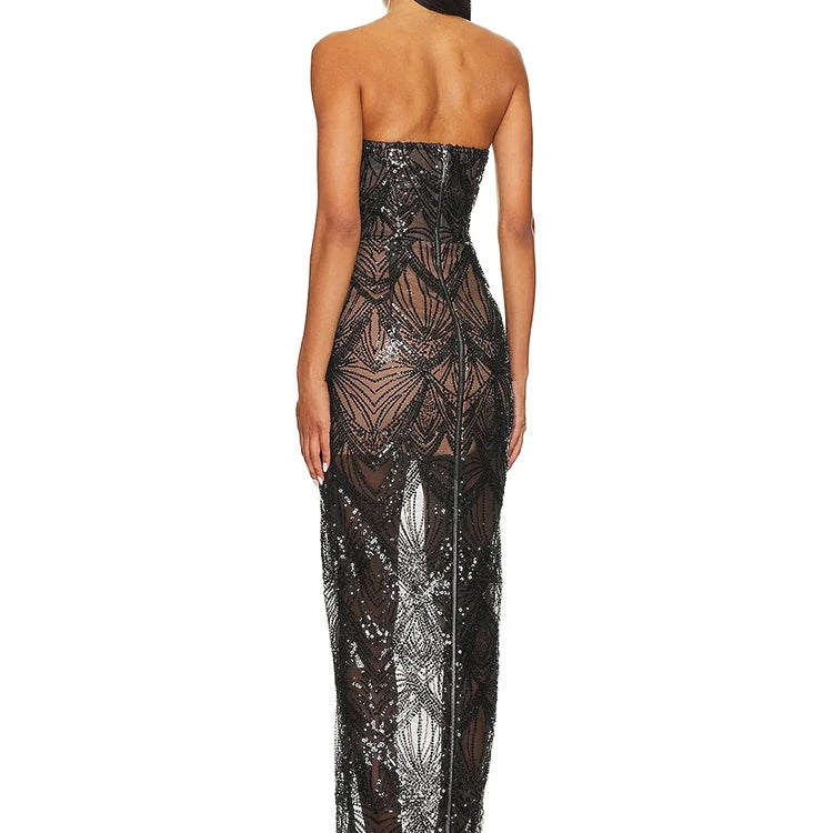 Luxury Sequins Beaded Party Dress Sexy Strapless Glitter Patchwork Mesh Sleeveless Evening Party Club Dress Vestido