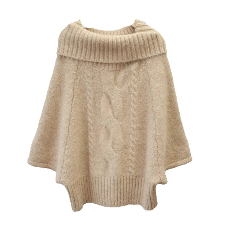 Autumn Winter New Off-Shoulder Design Thickened Cable Knit Cape Sweater Lazy Style Pullover For Women 11A07620
