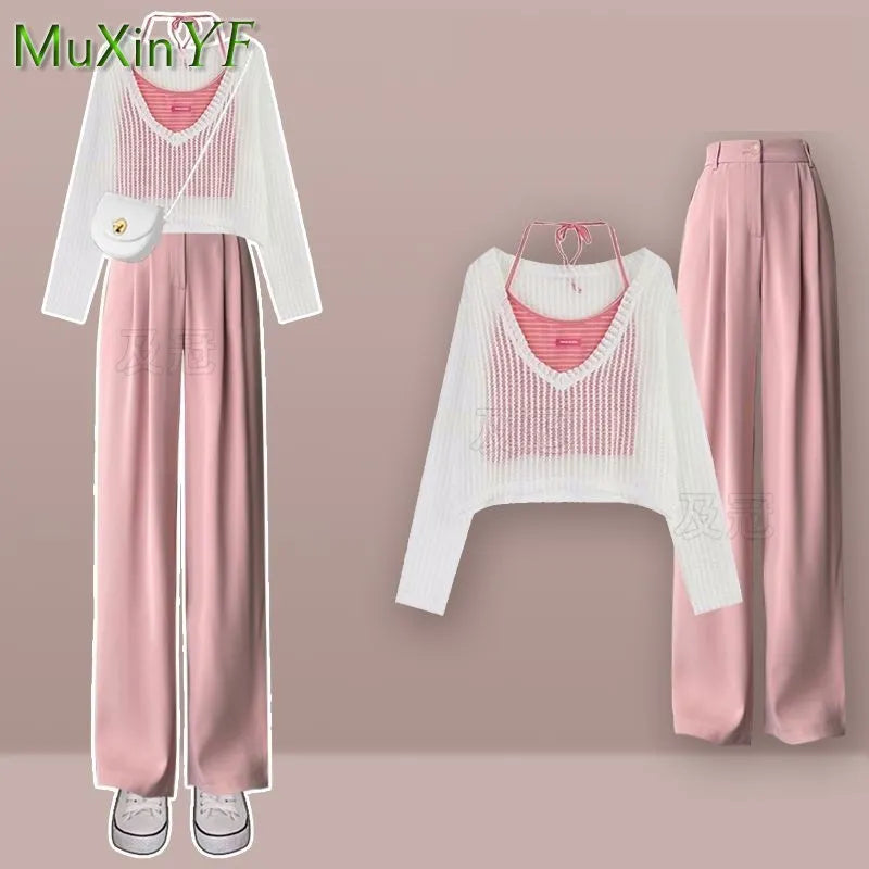 Women's Summer Fashion Hollow Out Shirt+Suspender+Wide Leg Pants Three Piece 2024 New in Matching Set Korean Elegant Tracksuit