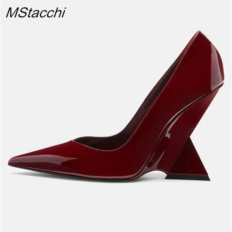 Runway Women Heels Pumps 2025 Designer Shoes Patent leather Pointed Toe Slingback Shallow Luxury Brand Strange Heel Woman Shoes wine red