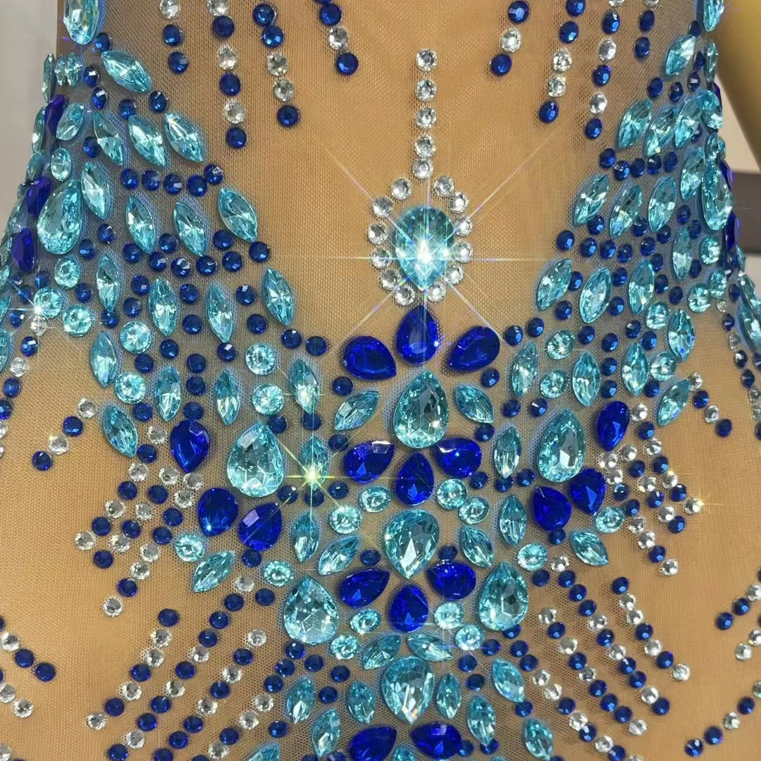 Sparkling Rhinestone See Through Mesh Evening Gown Birthday Celebrate Prom Sexy Long Dress Nightclub Cocktail Party Lantianyise