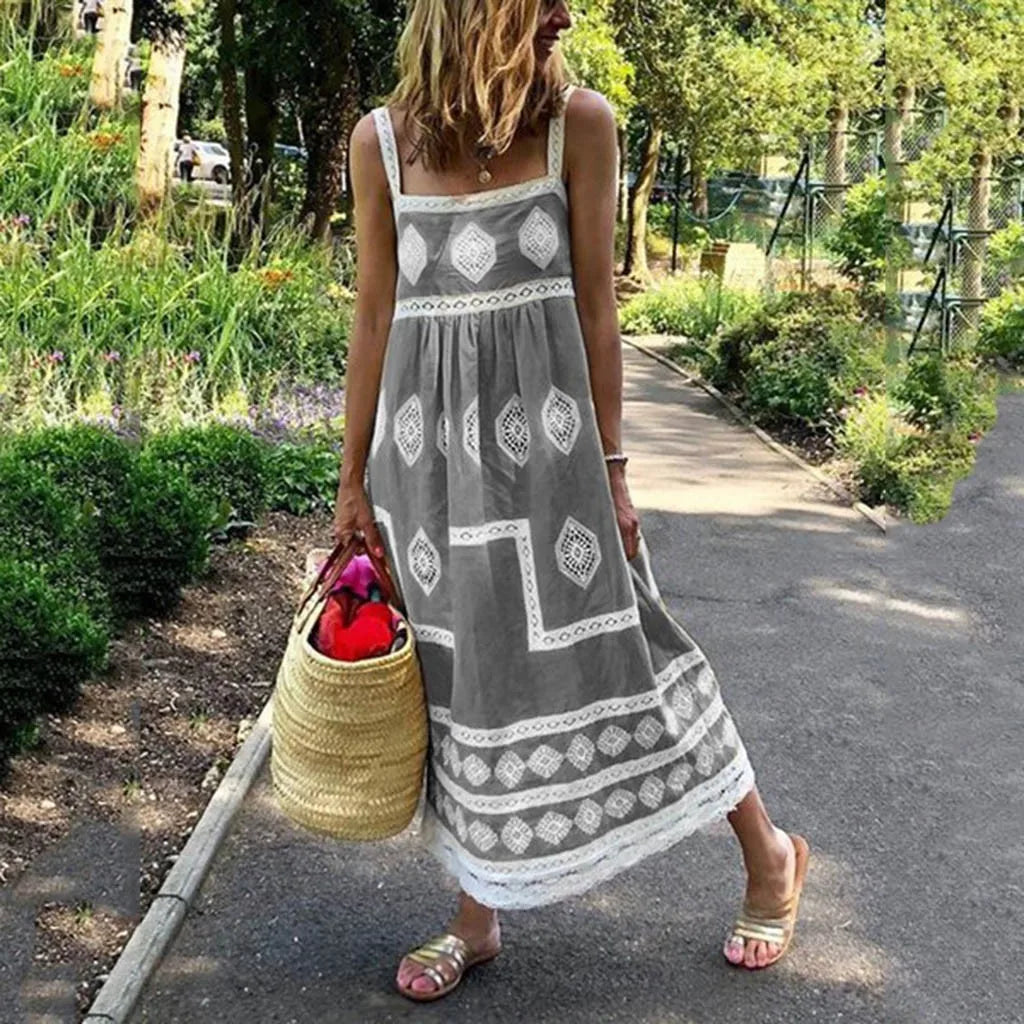 Women Summer Beach Sundress Vintage Vestidos Print Strap Dress Boho Style Big Swing Holiday Maxi Dress Female Casual Dress Grey