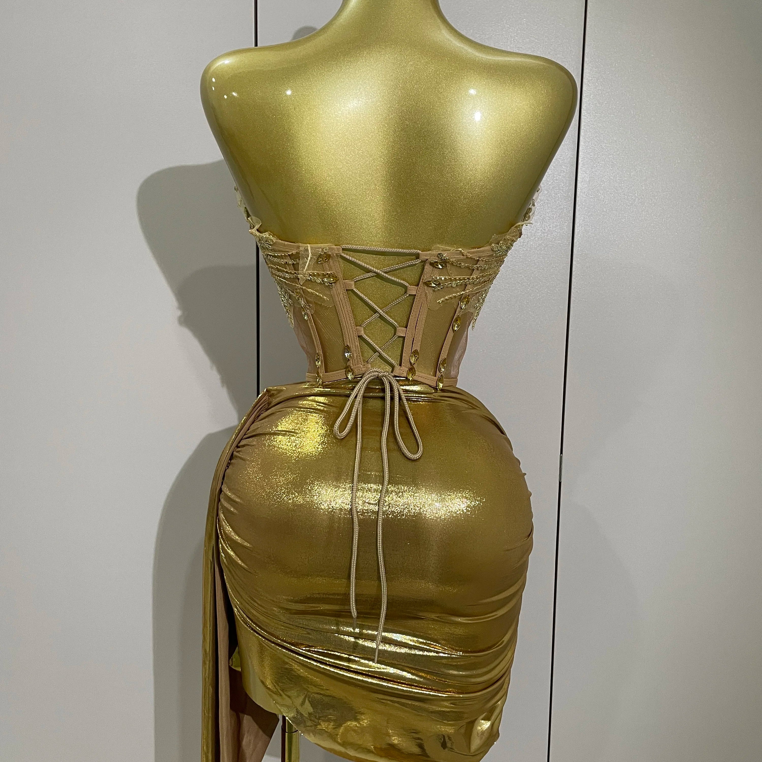 Sparkly Gold Sexy Top Two Pieces Short Skirt Set 2025 Women Celebrate Birthday Dress Party NightClub Dancer Show Stage Outfit