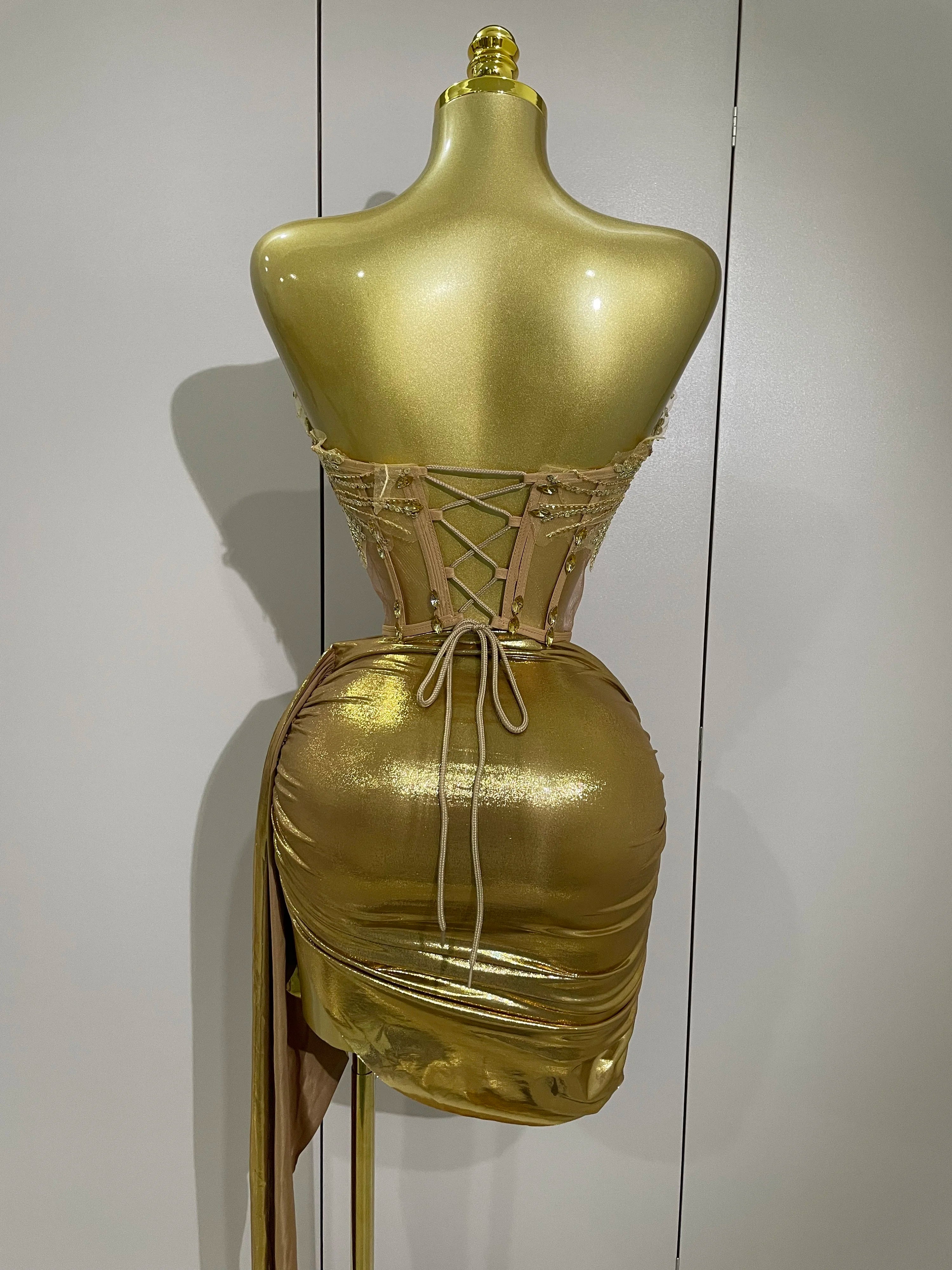 Sparkly Gold Sexy Top Two Pieces Short Skirt Set 2025 Women Celebrate Birthday Dress Party NightClub Dancer Show Stage Outfit