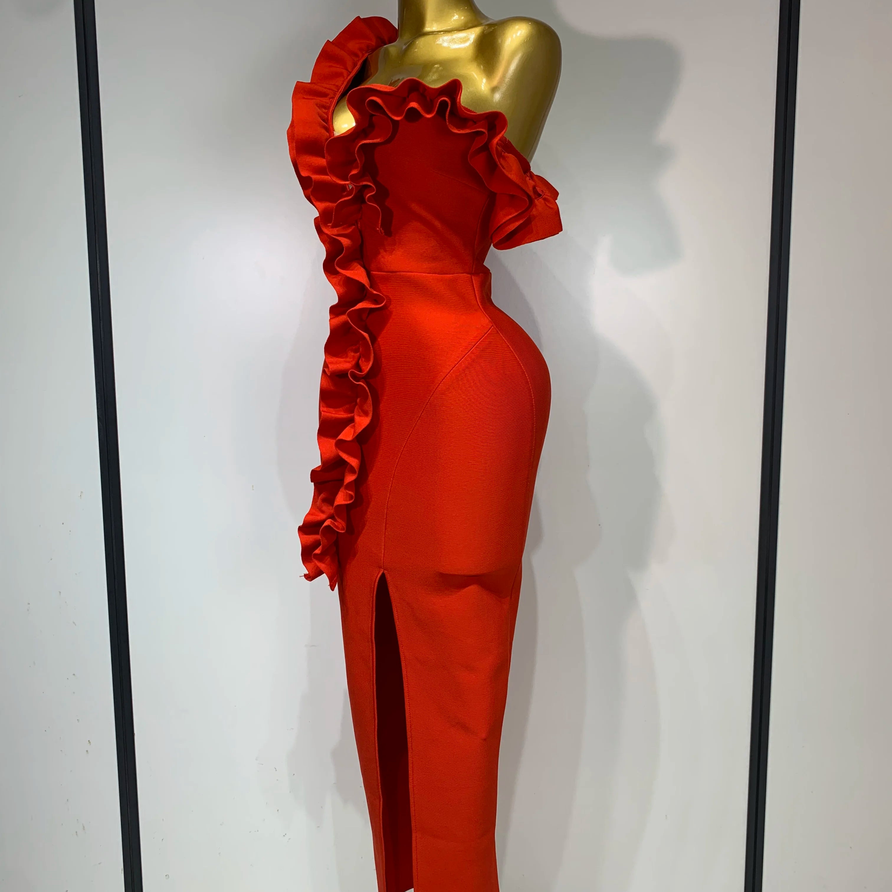 Women Sexy Off Shoulder Ruffles Midi Bodycon Bandage Dress 2025 Knitted Celebrity Elegant Evening Luxury Club Party Dresses