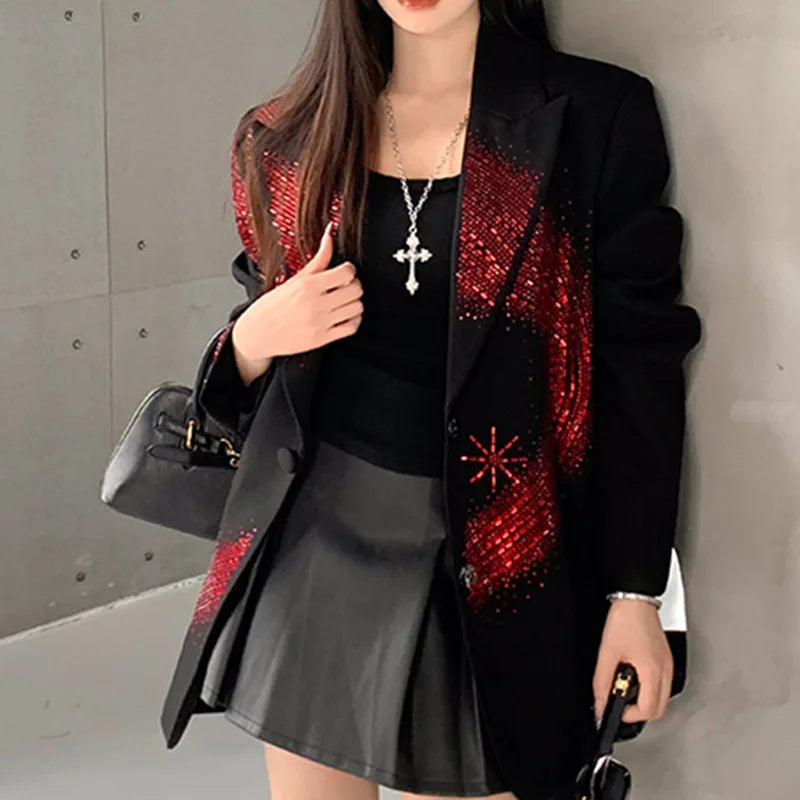 Solid Loose Spliced Hot Fix Elegant Jackets for Women Lapel Long Sleeves Patchwork Button Jacket Female Fashion New