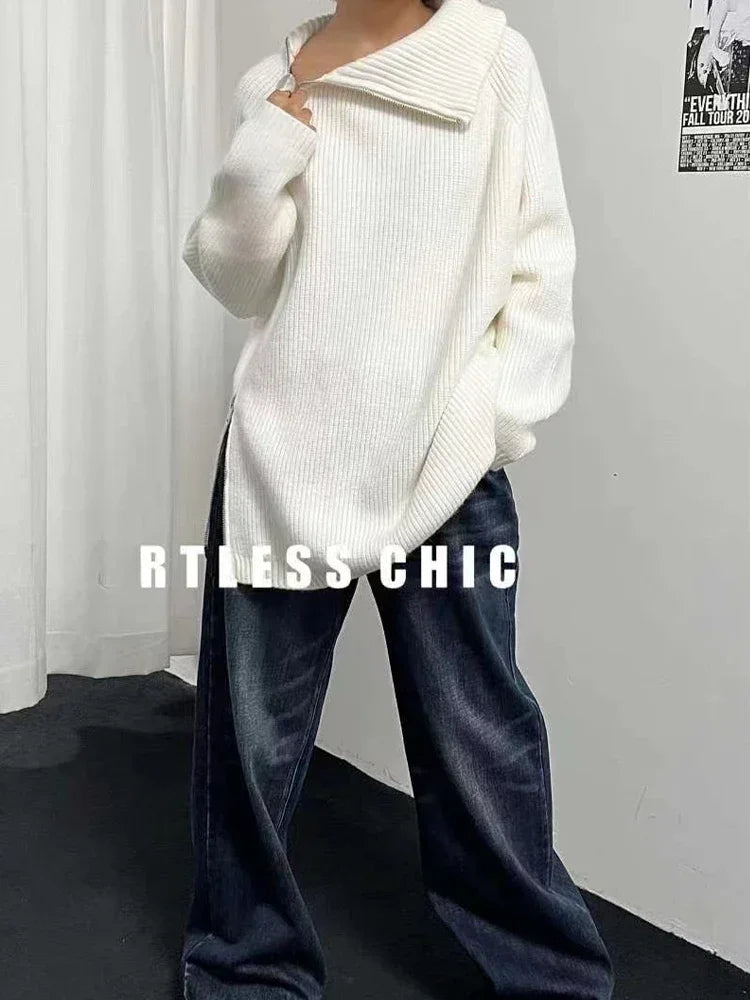 2023 Winter Women's Turtleneck Zipper Oversize Fashion Sweaters Autumn New Knitwears Loose Thick Warm High Neck Solid Pullovers