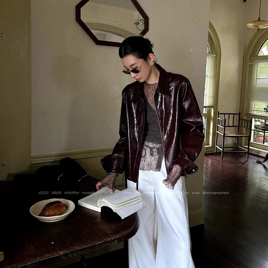 Lautaro Spring Autumn Short Pu Leather Jacket Women Zippper Turn-Down Collar High Quality Luxury Designer American Retro Clothes