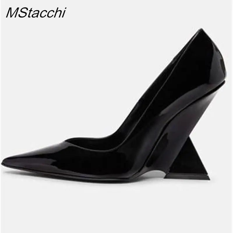 Runway Women Heels Pumps 2025 Designer Shoes Patent leather Pointed Toe Slingback Shallow Luxury Brand Strange Heel Woman Shoes black