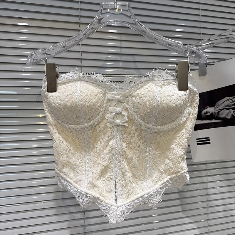 DEAT 2026 Spring New Fashion Sweet Bow Lace Edge Fishbone Chest Pad Strapless Vest For Women Backless Tank Tops Female 11A07820 Creamy-white