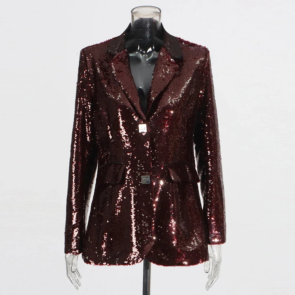 Solid Slimming Spliced Sequins Blazer for Women Lapel Long Sleeves Patchwork Pockets Coat Female Fashion Clothing WINERED