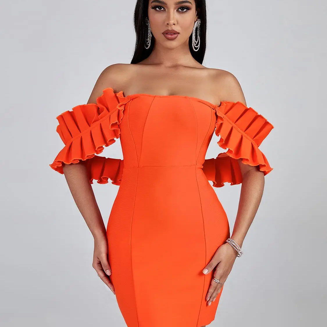 Orange Bandage Dress Women Mini Party Dress Bodycon Ruffle Elegant Sexy Off Shoulder Birthday Evening Club Outfits Summer Orange