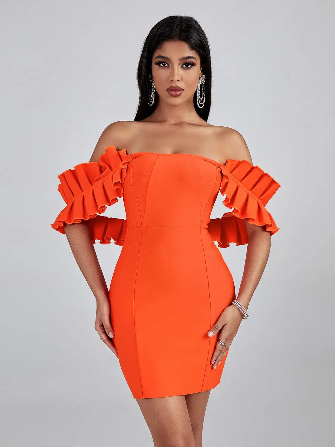 Orange Bandage Dress Women Mini Party Dress Bodycon Ruffle Elegant Sexy Off Shoulder Birthday Evening Club Outfits Summer Orange