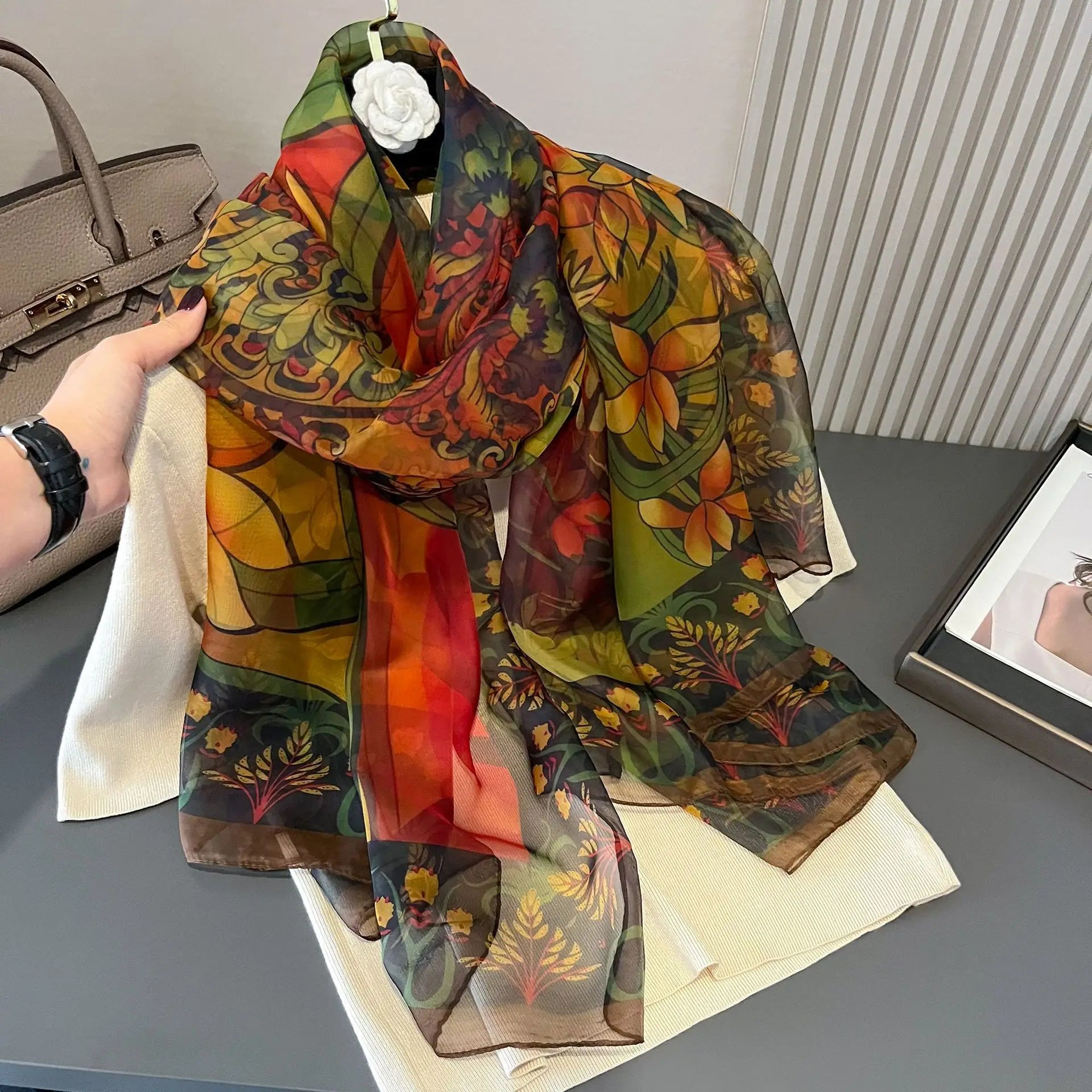 Print Silk Scarf Hijab Women Spring Deisgn Soft Beach Stoles Elegant Head Scarves Echarpe Shawl Satin Large Wrap Echarpe Bandana see chart 7