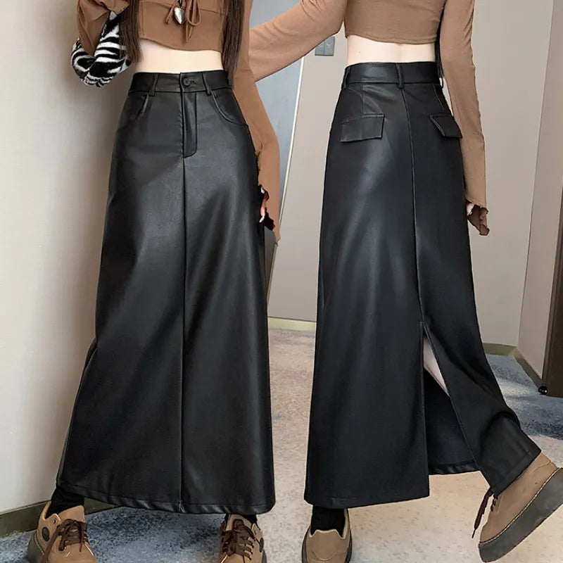 Vintage PU Leather Slit Skirt Women Fall Winterhigh-waisted Slimming Long A-line Skirts Female Fashion All Match Faldas Mujer
