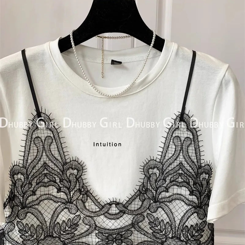 Summer Tshirts Women Fake Two Piece Chest Lace Stitching T-Shirt Fashion Tops Ladies Chic T-Shirt Female Short Sleeve Casual Tee