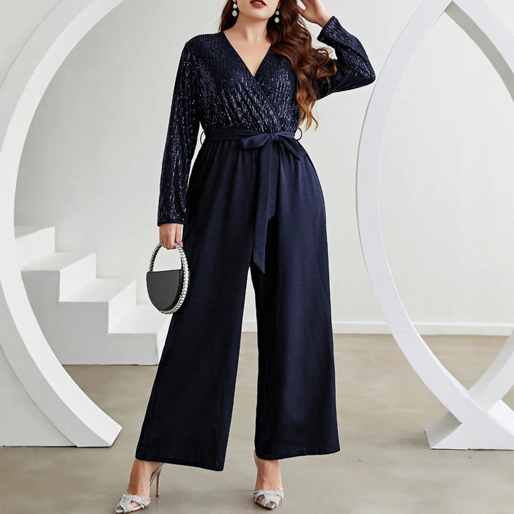 Plus Size Rafiah Women's Summer 2025 Sets Deep V-Neck Sequin Top Wide Leg Palazzo Pants Bow Tie Waist Evening Collection Sets Navy Blue