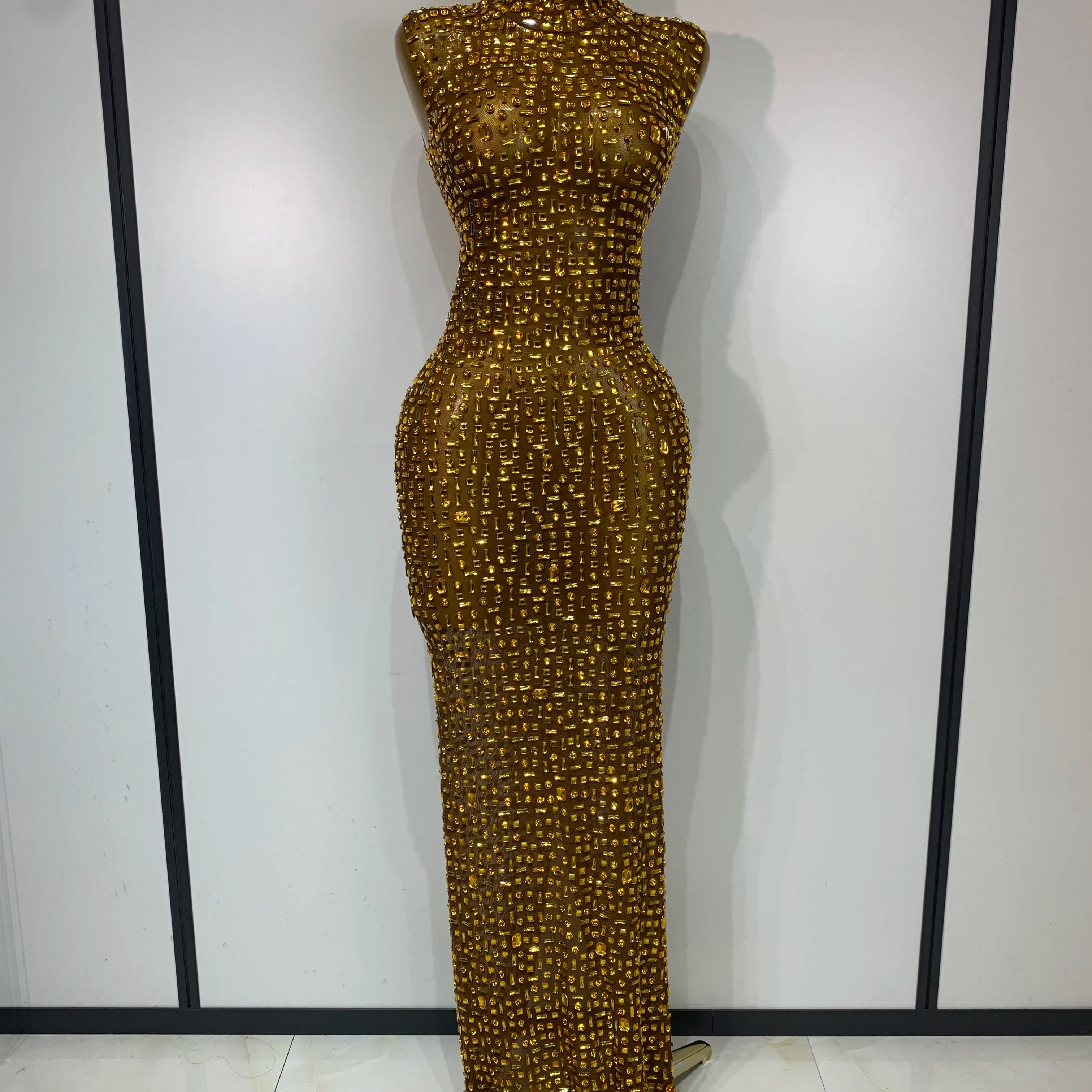 Sparkly Rhinestone Sleeveless Stretch Long Dress Women Sexy Mesh Celebrate Evening Prom Luxury Birthday Dress Evening Party Wear Gold