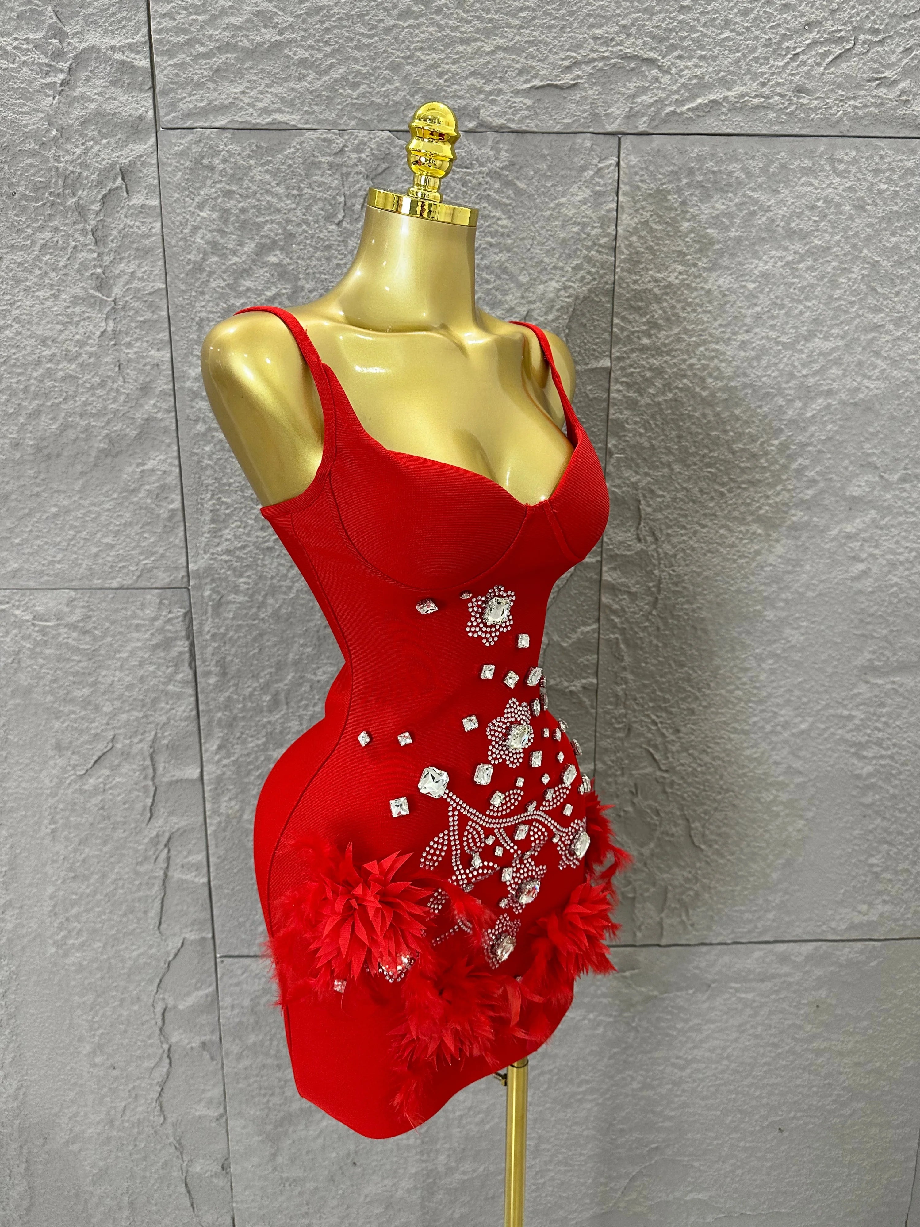 Elegant Red Spaghetti Strap Mini Dress Women Sexy Sweetheart Neck Crystal & Feather Form-Fitting Outfit Formal Event Costume