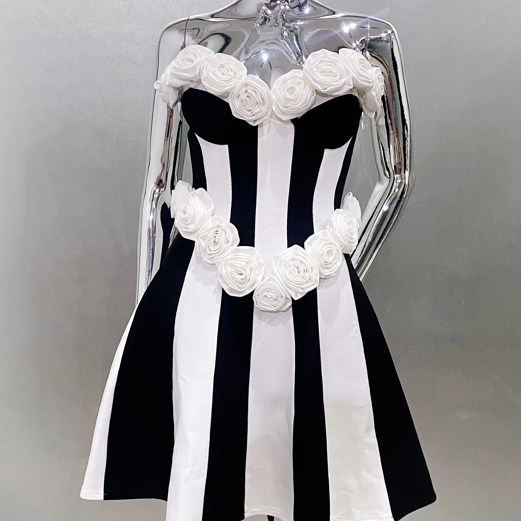 2025 Stereoscopic White Flowers White and Black Bandage Mini Dress Sweet Woman Birthday Party Vestido Celebrity Party outfit！ stripe