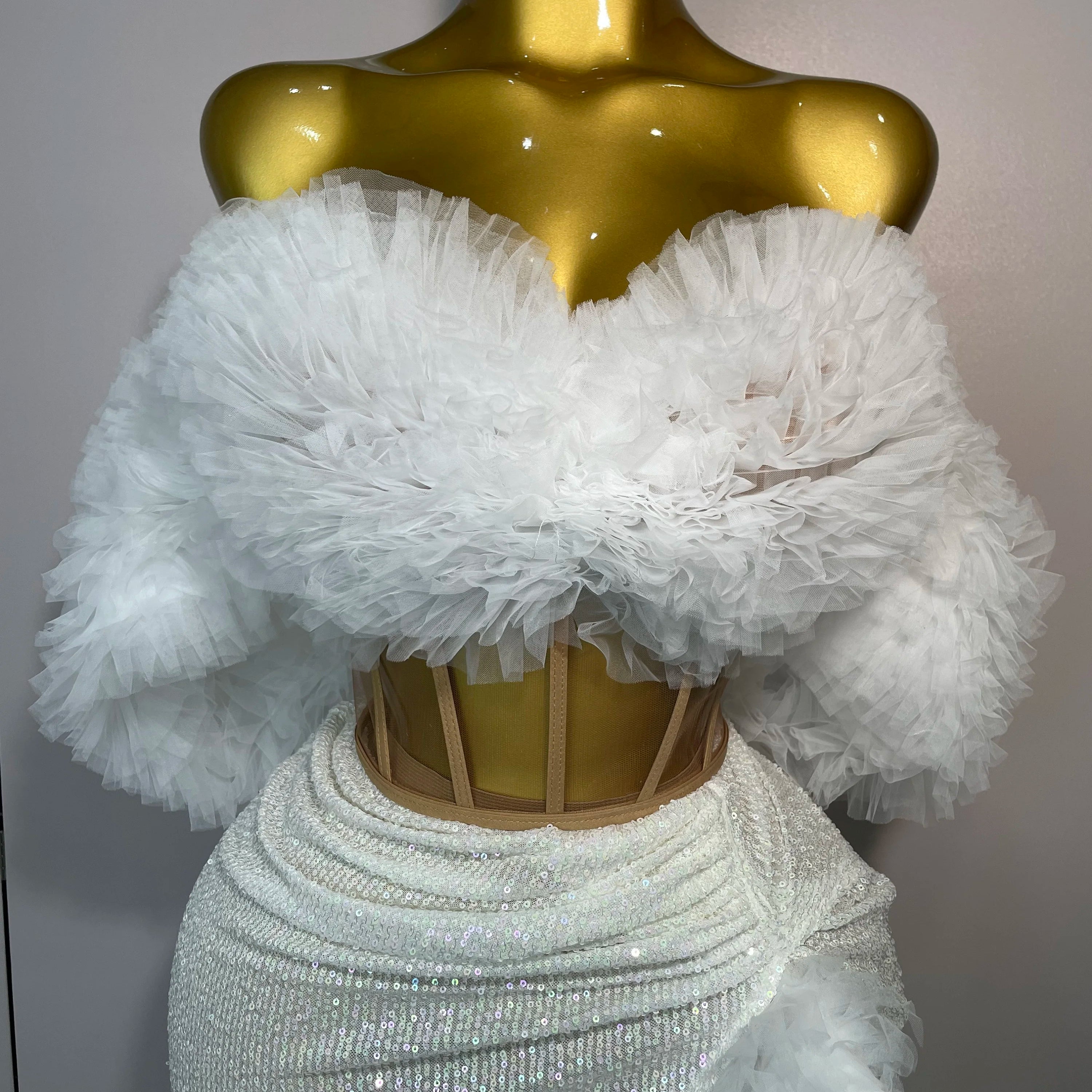 2025 Women White Sequins Top Short Skirt Two Pieces Set Sexy Celebrate Evening Prom Birthday Dress Nightclub Stage Outfit