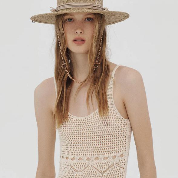 Straw hat for women with letter and chain Wide Brim Floppy Sun Hat Summer Hats Lady Beach Cap