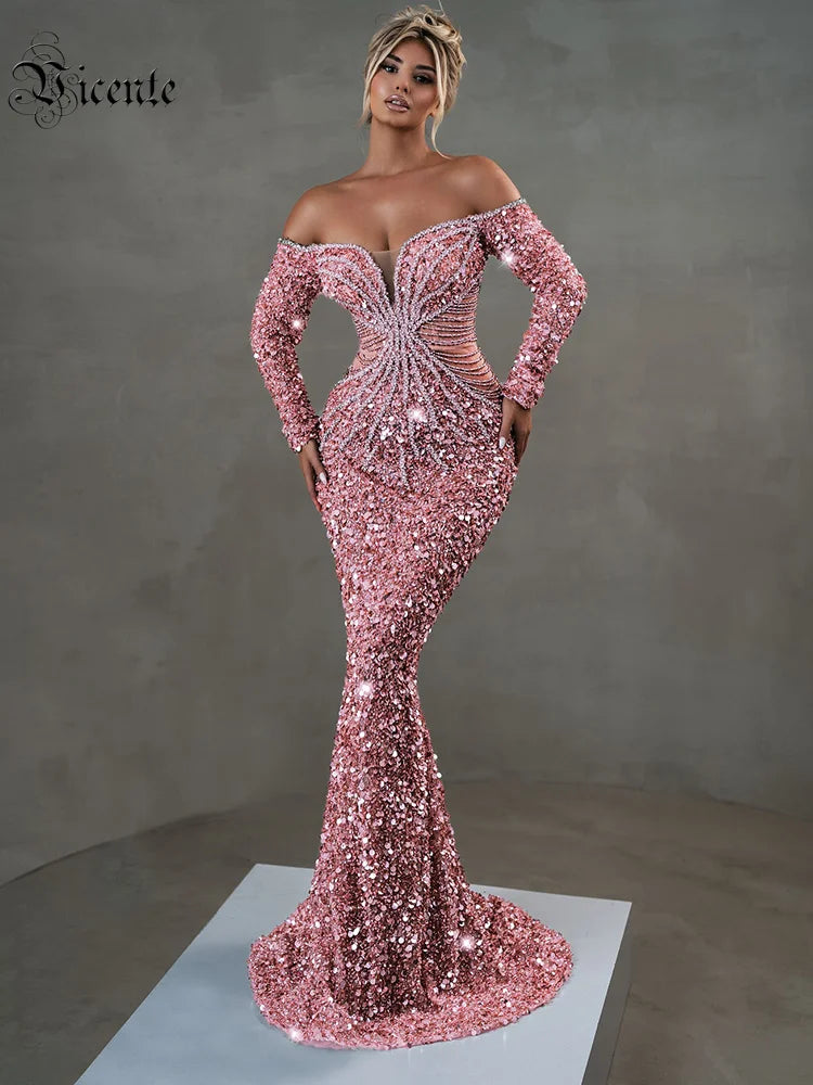 Pink Sparkly Sequins Long Dress Pearls Chains Design Off the Shoulder Long Sleeves Formal Occasion Mermaid Party Evening Gown