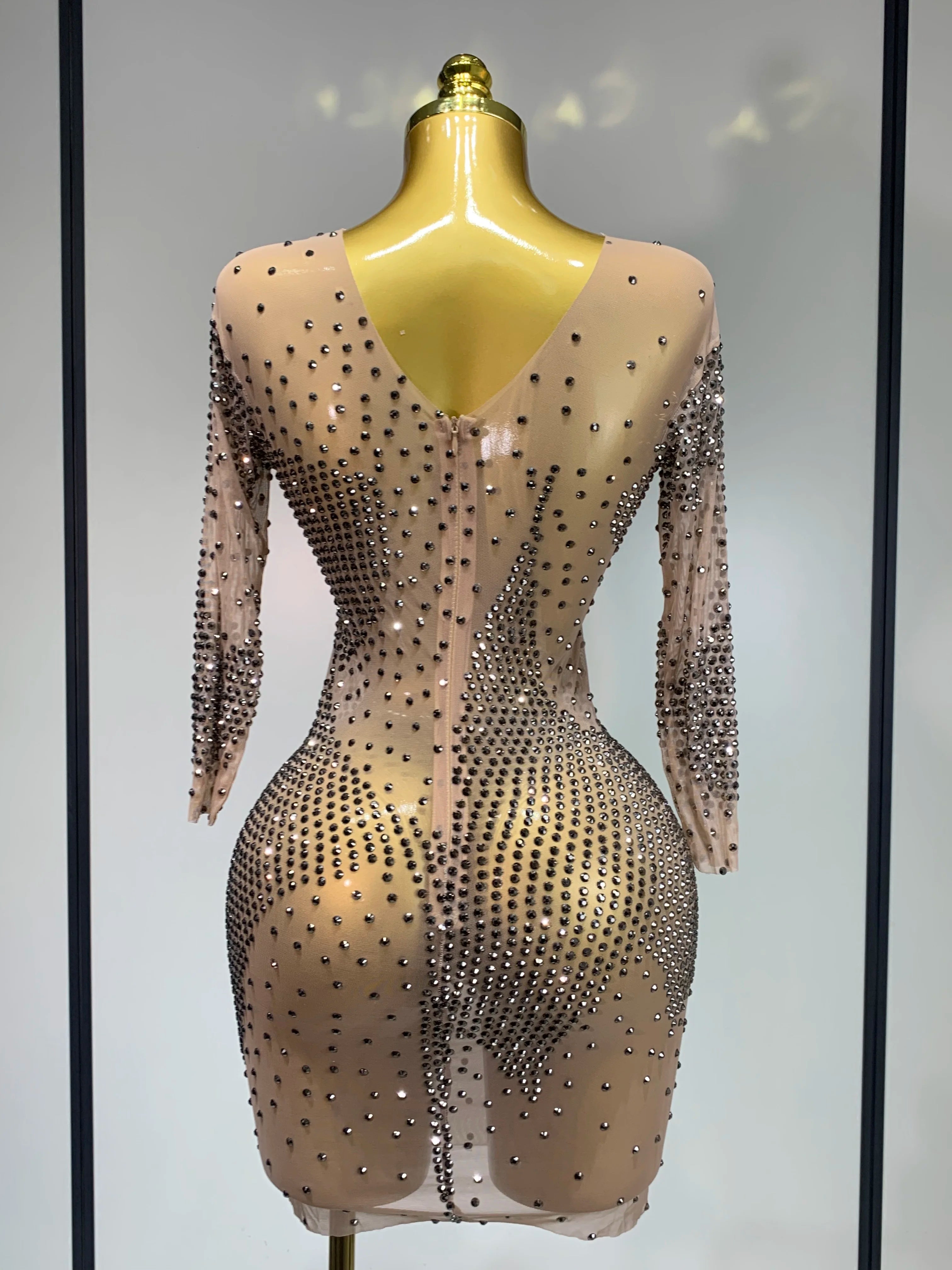 Luxury Birthday Rhinestones Half Sleeve Transparent Mini Dress Women 2025 Sexy Mesh Stretch Performance Celebrity Stage Wear