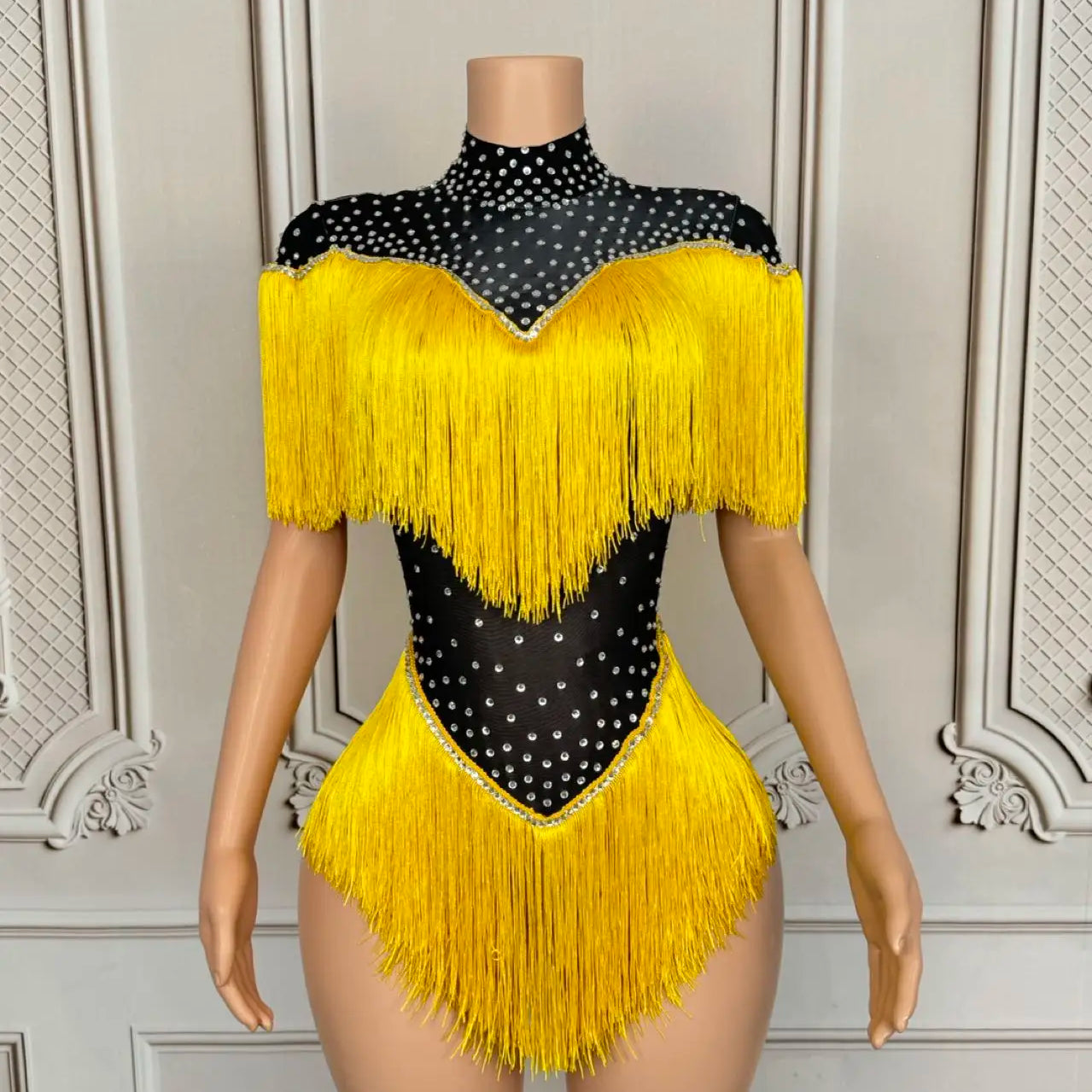 Sparkly Sequins Rhinestones Tassels Spandex Bodysuit Women Sexy Nightclub Stage Performance Dance Costume Dancer Outfit Danhuang