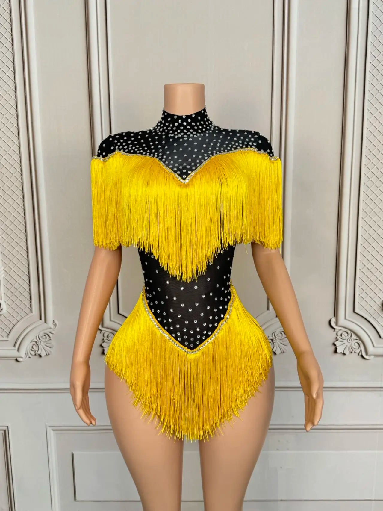 Sparkly Sequins Rhinestones Tassels Spandex Bodysuit Women Sexy Nightclub Stage Performance Dance Costume Dancer Outfit Danhuang