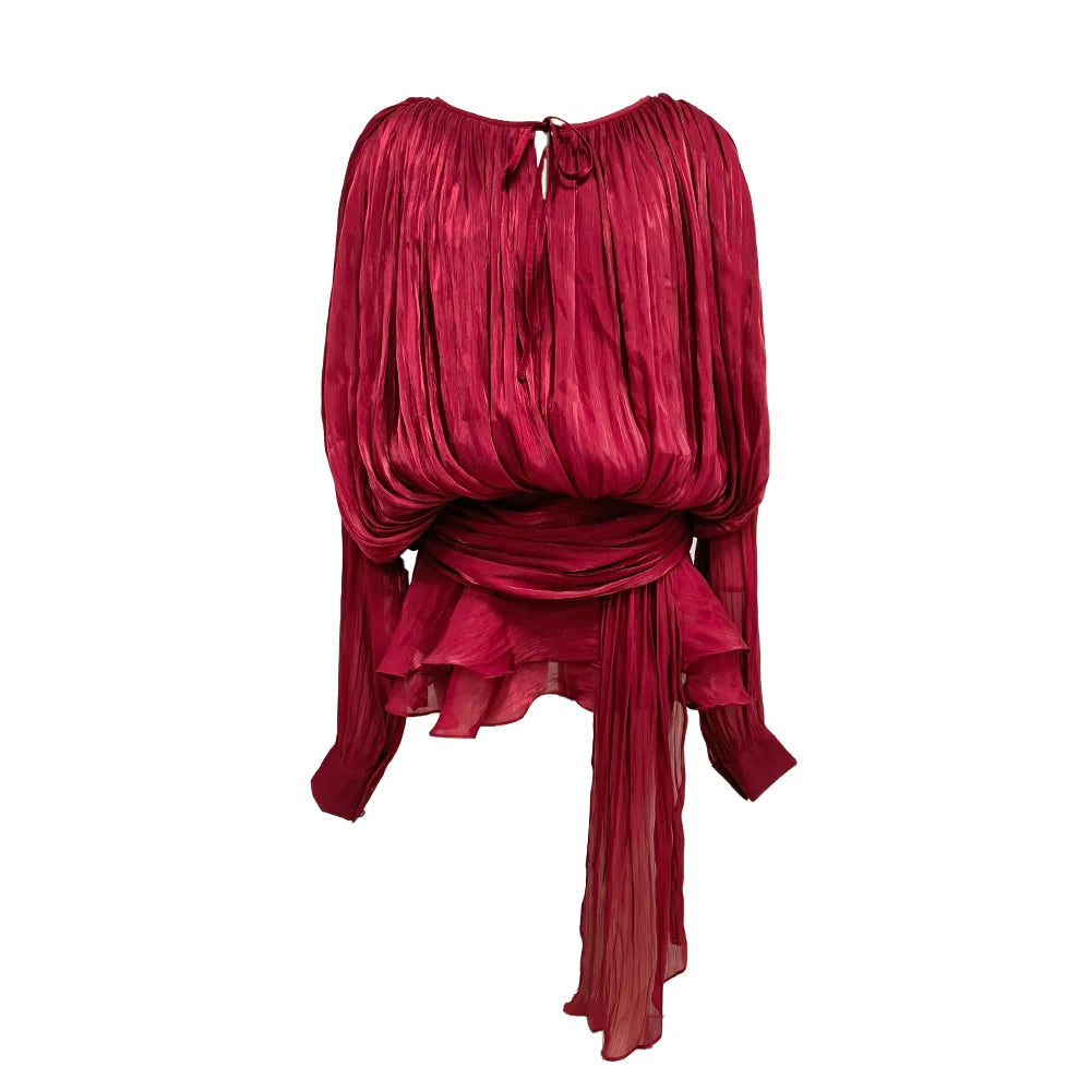 Chic Chiffon Mini Dress with Tie-Neck and Lantern Long Sleeves for a Garden Party Evening Gown Red