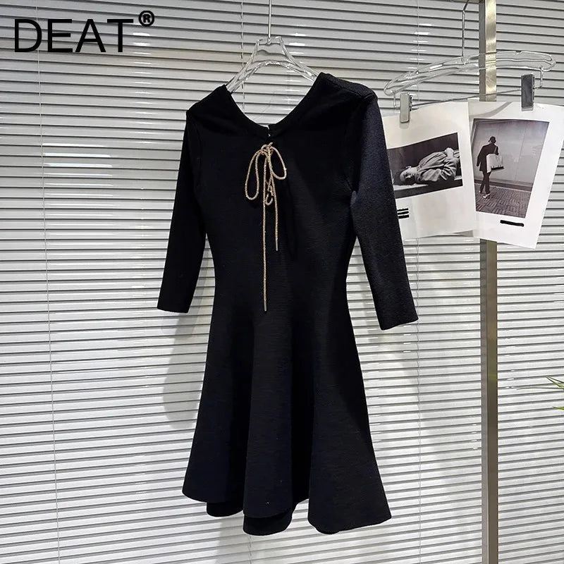 Winter New Elegant Fashion Back Rhinestone Tie Waist Design Knitted Dress For Women Slim Fit Black Dresses 11A07899