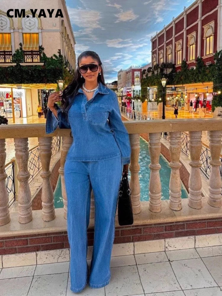 Fashion Women's Set Long Sleeve Washed Denim Tops Shirts + Wide Leg Pants Suit 2025 Spring Street Two 2 Piece Set Outfit