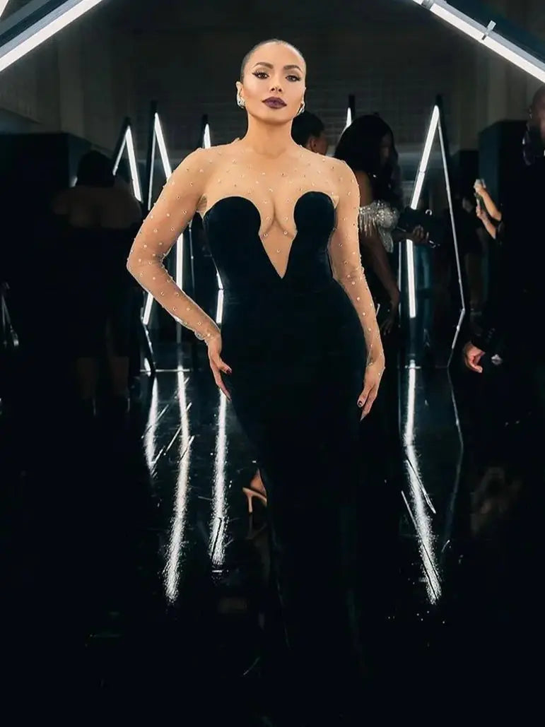 Ailigou New Women's Formal Evening Dress Wearing Sexy Mesh Long sleeved Patch Black Velvet Beaded Evening Dress