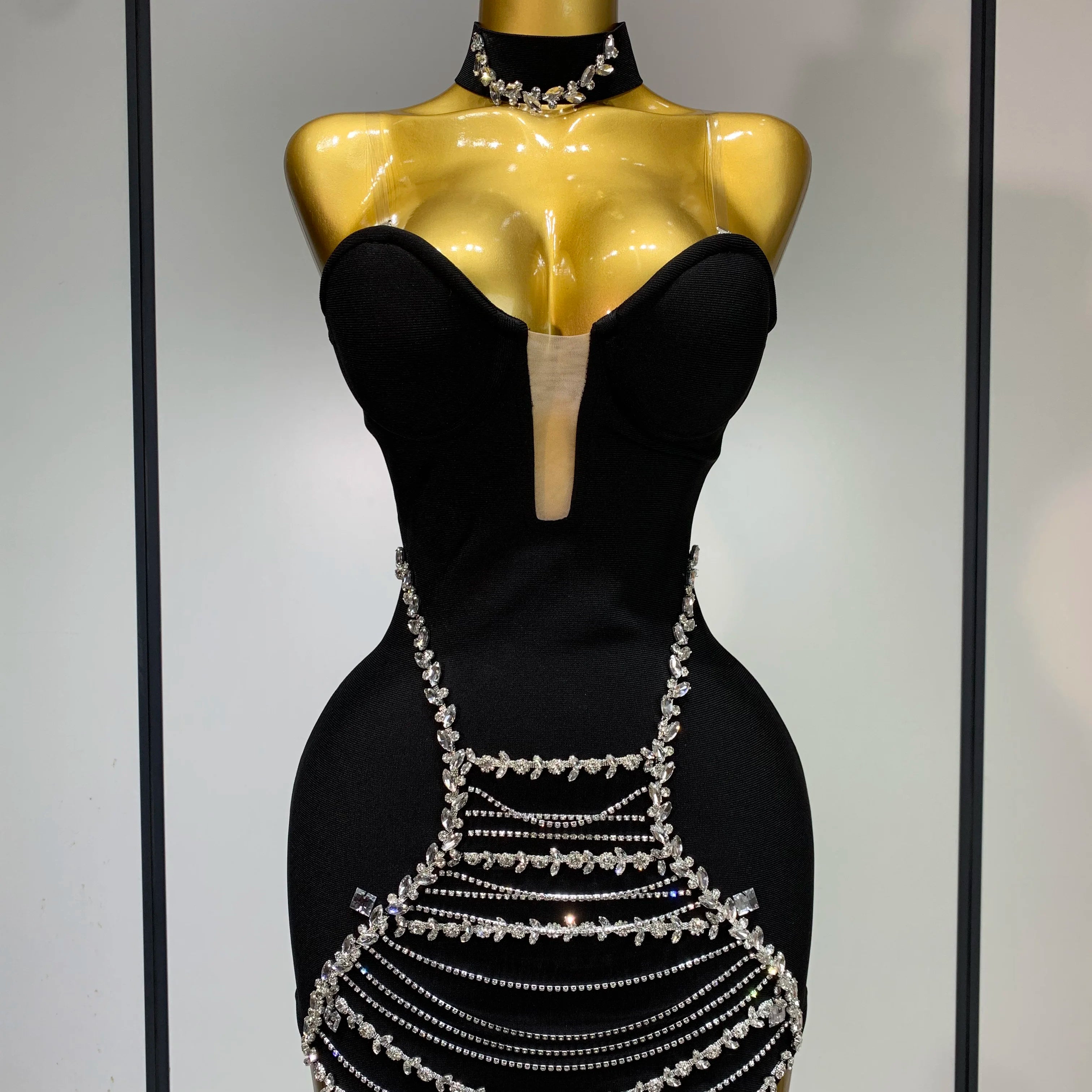 Sparkly Rhinestones Chain Bodycon Strapless Mini Bandage Dress 2025 Women Backless Luxury Birthday Evening Party Club Dresses black