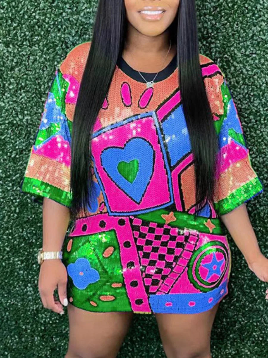 LW Multicolor Sequins Mini Dresses Heart Plaid Decor Sequin T-shirt Loose Dress Half Sleeve Color Block Party Night Clubwears rose red