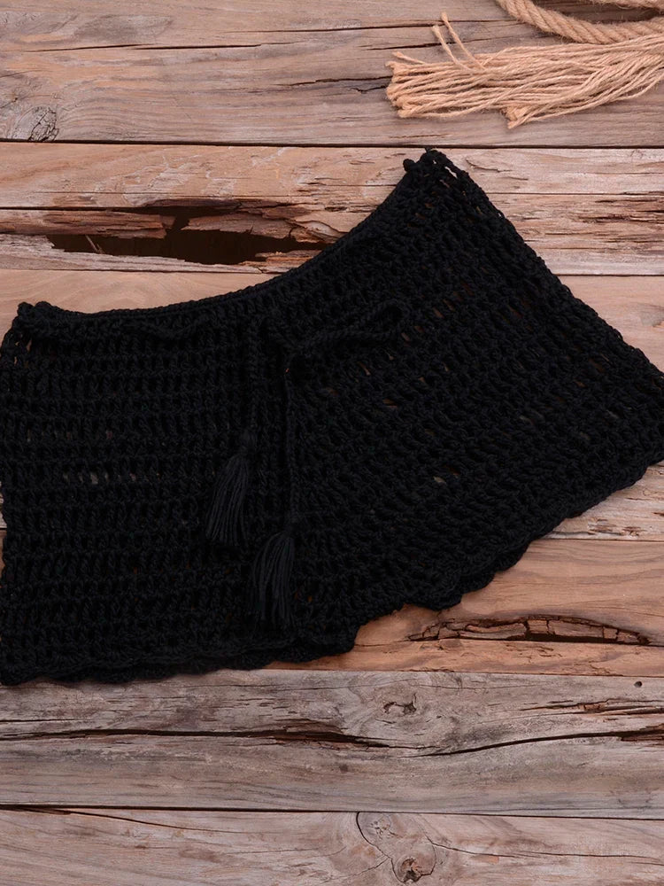 Crochet Hollow Out Tassel Beach Cover Up Sexy Women Mini Tops Beachwear Bikini Swimwear Bathing Suit Cover Up Black Bottom One Size