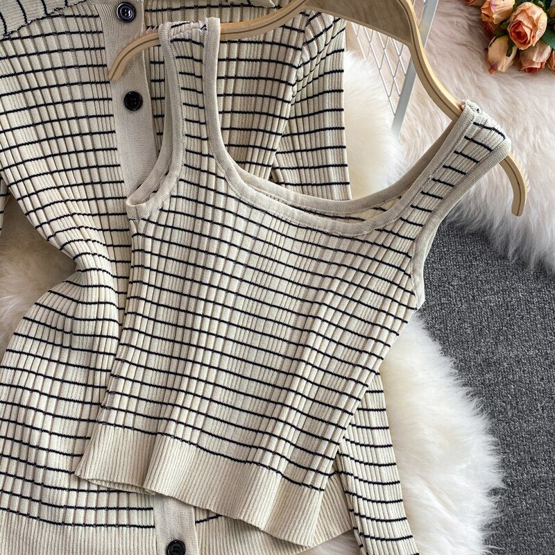 Women 3 Piece Set 2024 Autumn New Korean Style Temperament Fashion Suit Plaid Knitted Cardigan Bottoming Camisole Skirt