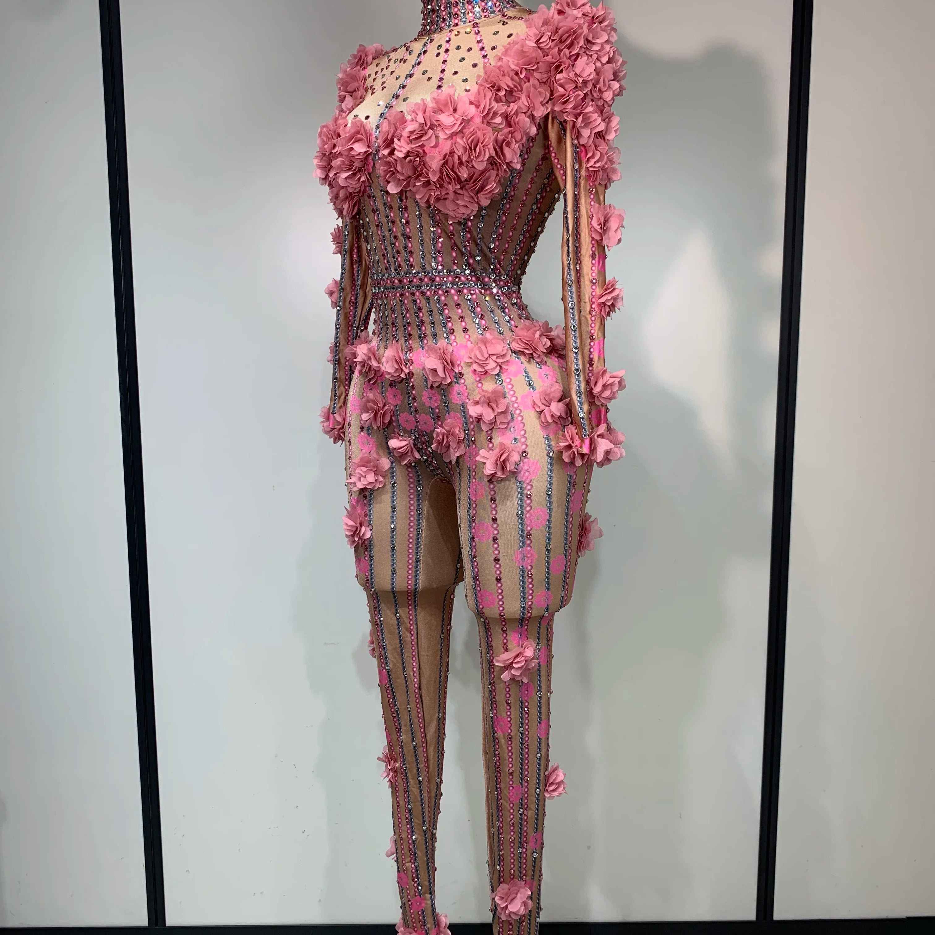 Sexy Skinny Rhinestones Flower Long Sleeve Bodycon Jumpsuit Women High Street Nightclub Birthday Performance Dance Stage Outfit