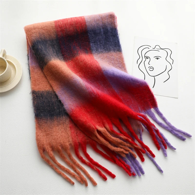 Thick Warm Scarf Women Winter Neck Shawls Tassel Pashmina Scarves Lady Cashmere Bandana Plaid Rainbow Hairy Foulard
