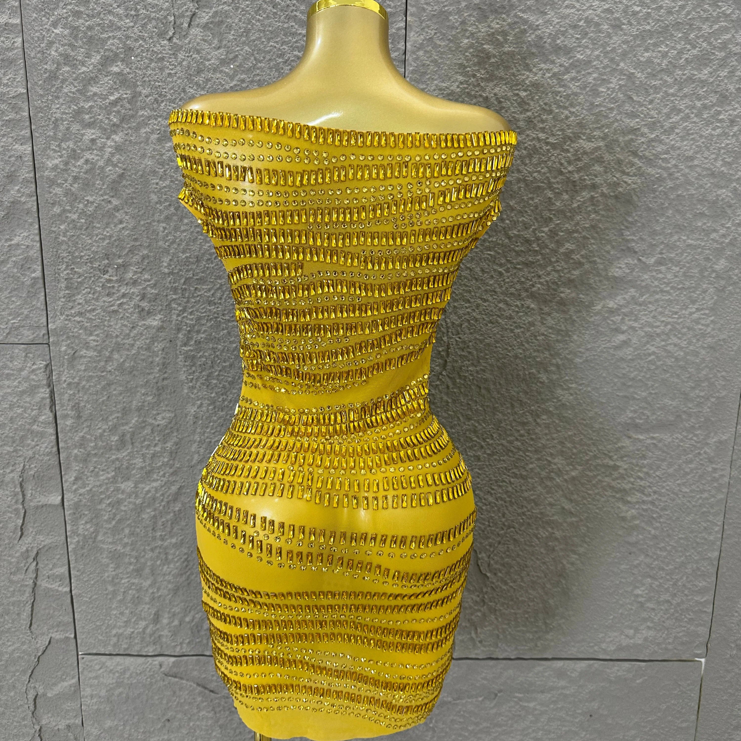 Luxury Gold Off-Shoulder Mini Dress Women Sexy Sheer Mesh Full Gold Crystal Embellished Form-Fitting Outfit Formal Event Party