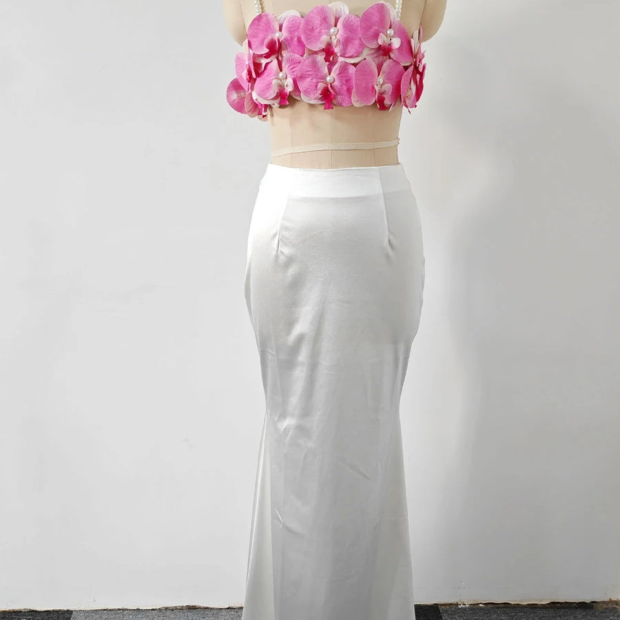 Hit Color Spliced Applique Two Piece Sets for Women Square Neck Sleeveless Vest High Waist Skirt Elegant Set Femlae WHITE