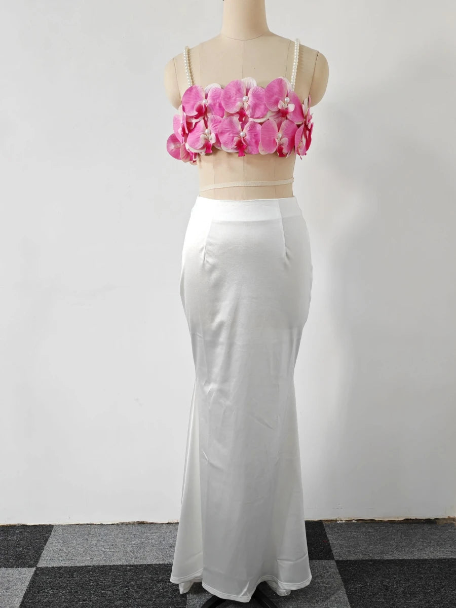 Hit Color Spliced Applique Two Piece Sets for Women Square Neck Sleeveless Vest High Waist Skirt Elegant Set Femlae WHITE