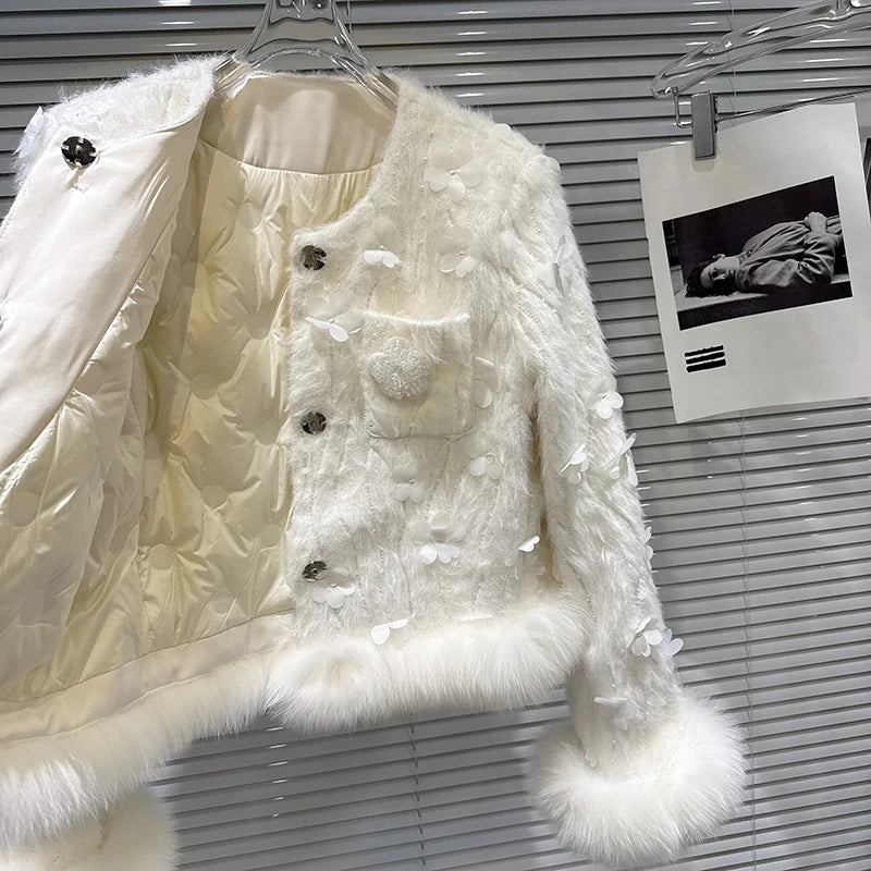 Winter New Fashion Style Fox Fur Sleeve Edge Beaded Flower Button Fluffy Cotton Short Coat For Women Jacket 11A07456