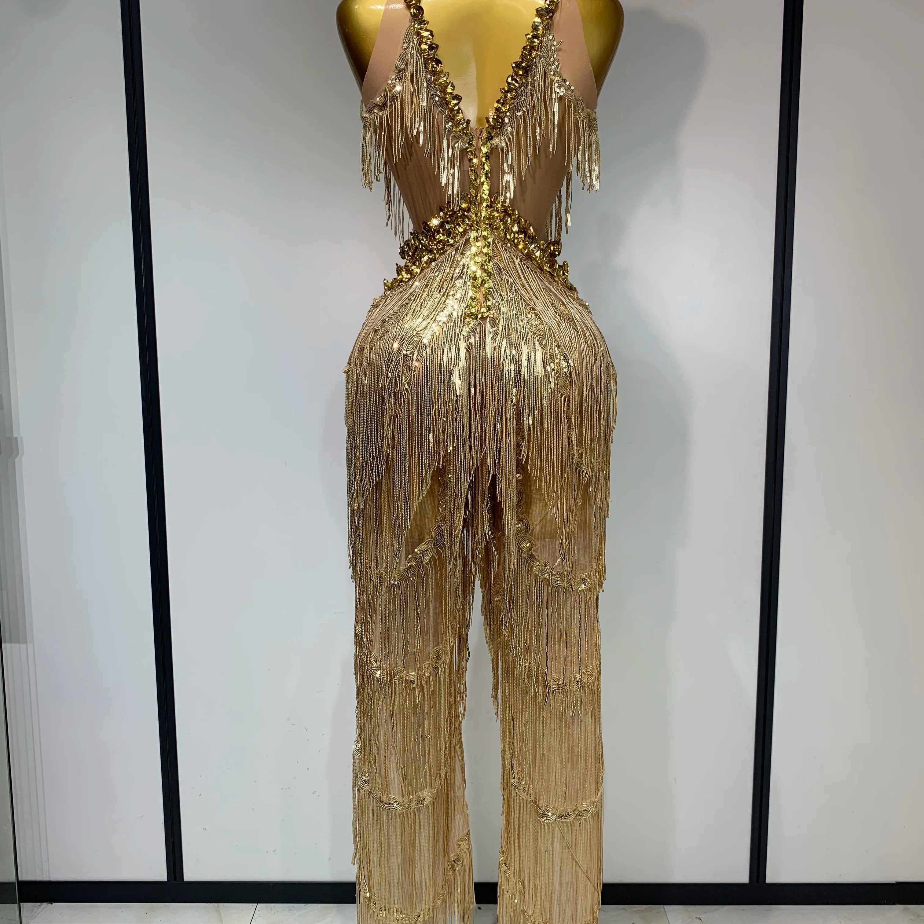 Women Sparkly Glod Rhinestones Sequined Fringe jumpsuit Sexy Nightclub Party Birthday Outfit Show Singer Stage Perform Costume