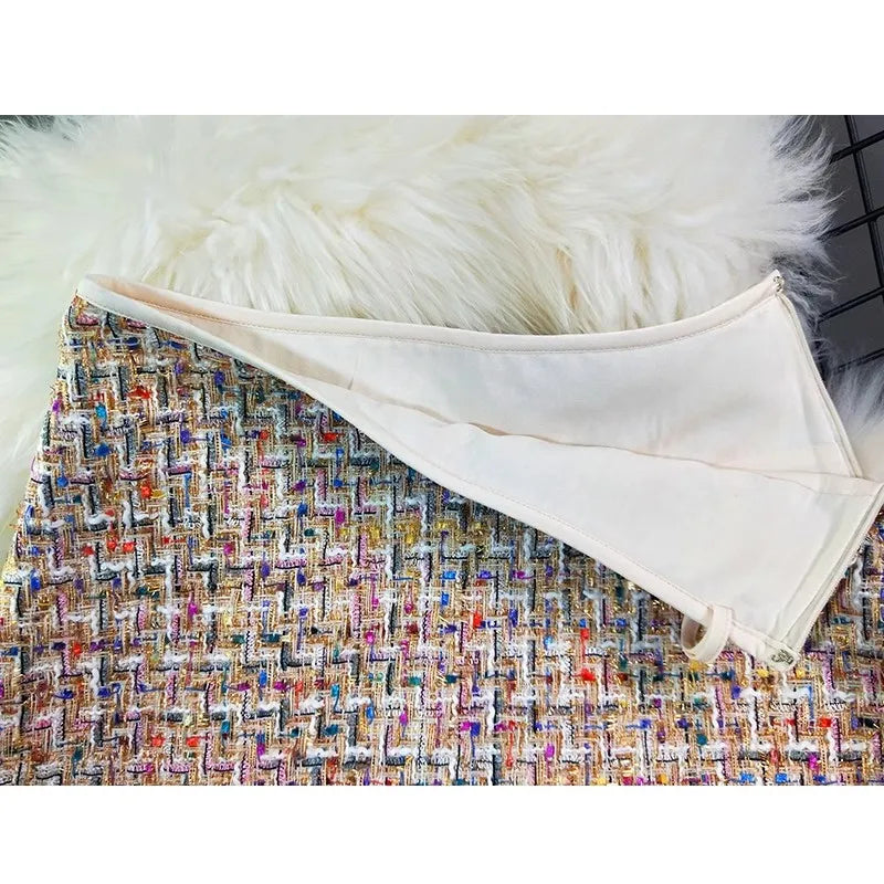 Autumn Women's Multicolored Gold Thread Woven Tweed A-line Skirt High Street All Match Slim Mini Skirts Ropa Mujer