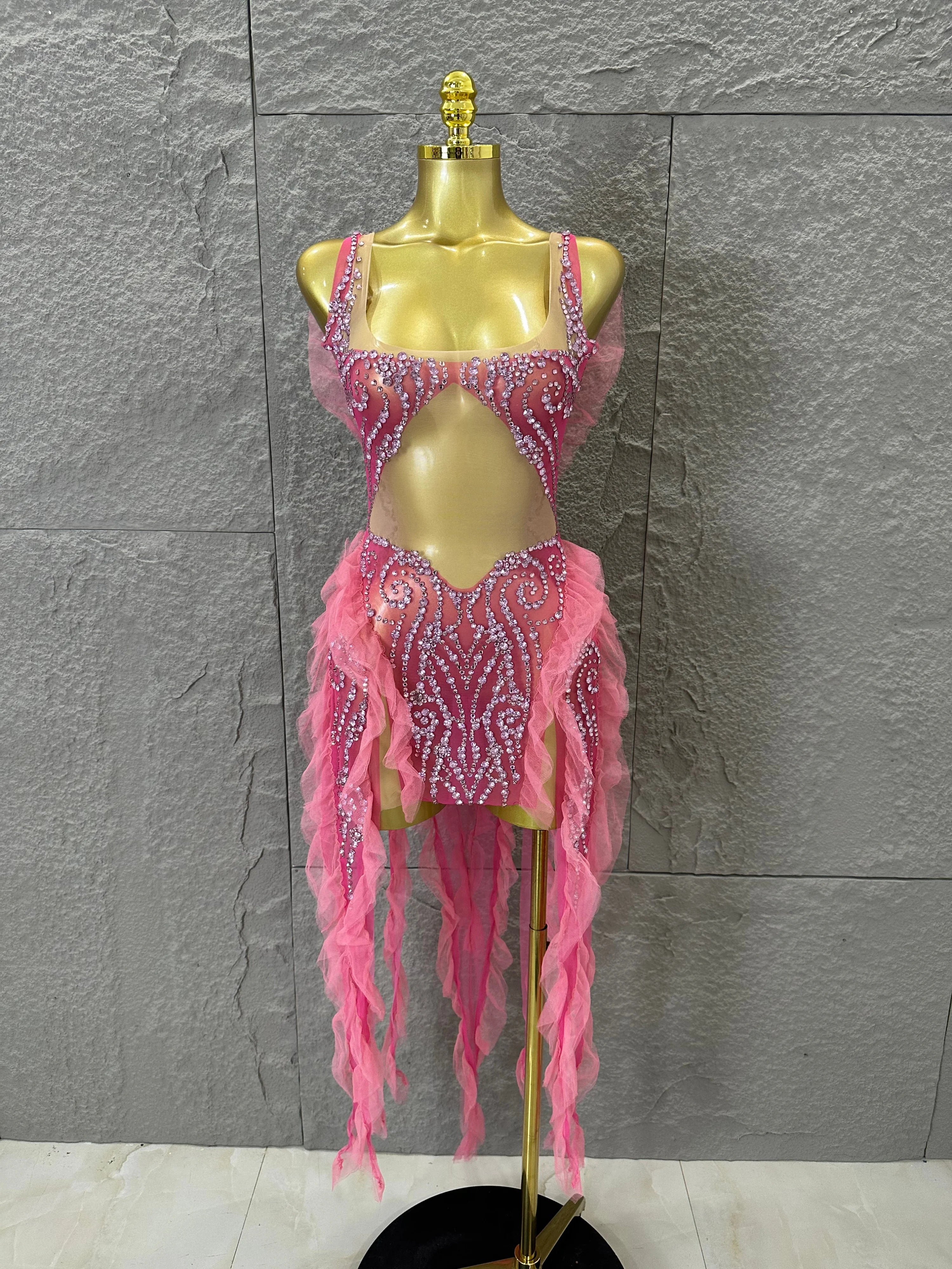 Women Sheer Mesh Rhinestone Ruffle Embellished Latin Dance Performance Costume Elegant Pink Spaghetti Strap Mini Dress Pink