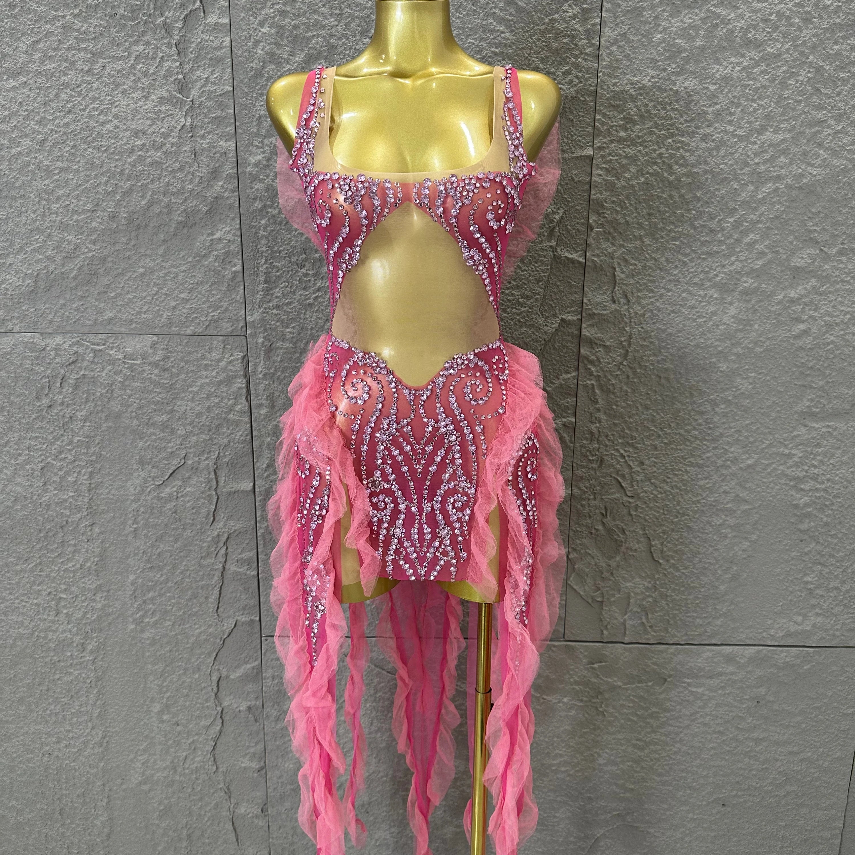 Women Sheer Mesh Rhinestone Ruffle Embellished Latin Dance Performance Costume Elegant Pink Spaghetti Strap Mini Dress